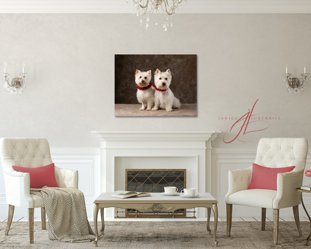 Fireplace with Westie Portrait